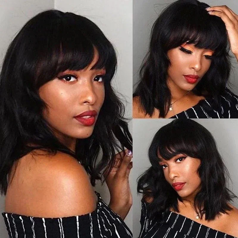 Best Body Wave Short Bob Human Hair Wig With Bangs Full Machine Made Wig For Black Women Brazilian Water Wave Bob Wig With Bangs