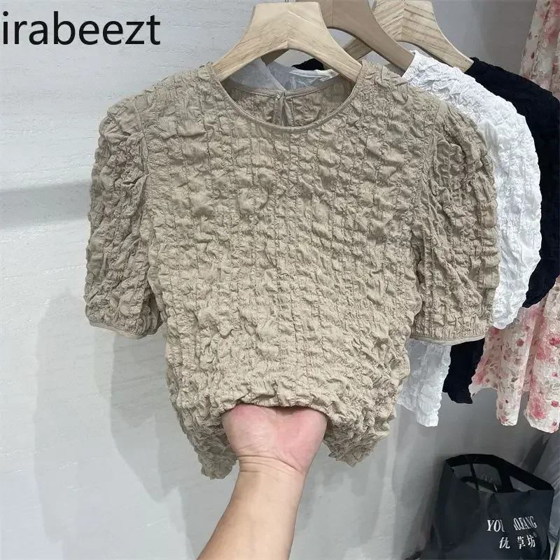 

Summer New Korean Style Three-dimensional Fold Chic Design Sense of Niche Bubble Short-sleeved Chiffon Shirt Blusas Femininas