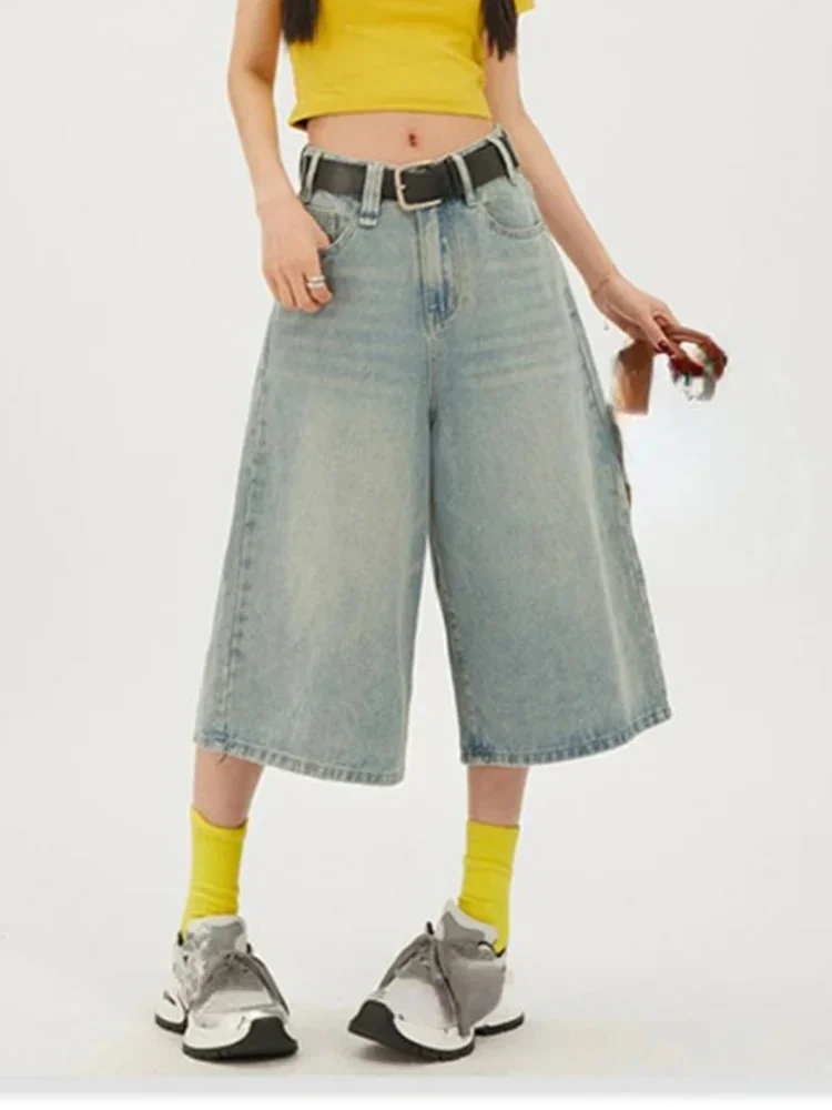 Korean Streetwear High Waisted Versatile Women's Straight Cropped Shorts Summer New American Retro Loose Women Wide Leg Jeans