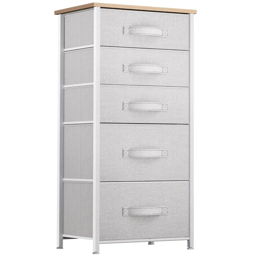 5 Drawers Dresser, Vertical Fabric Storage Tower Organizer Unit for Living Room, Hallway Sturdy Steel Frame, Wooden Top amp Easy