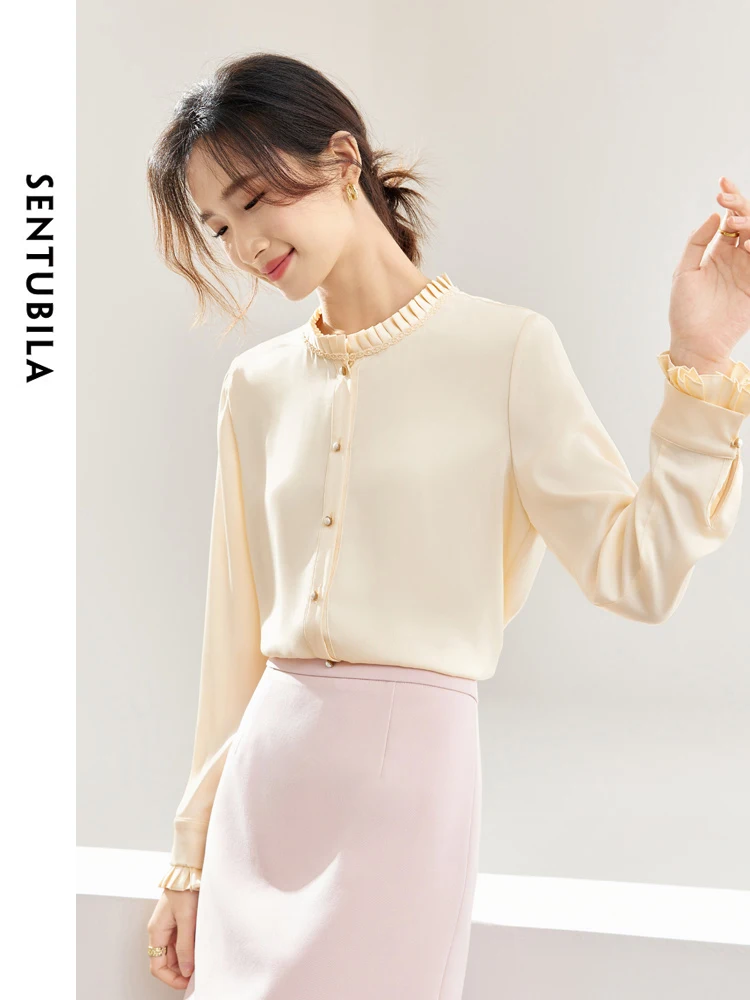 SENTUBILA Elegant Ruffled Shirt Ladies 2024 Spring Loose Button Up Simple Comfort Long Sleeve Tops Womens Clothing 141C53084