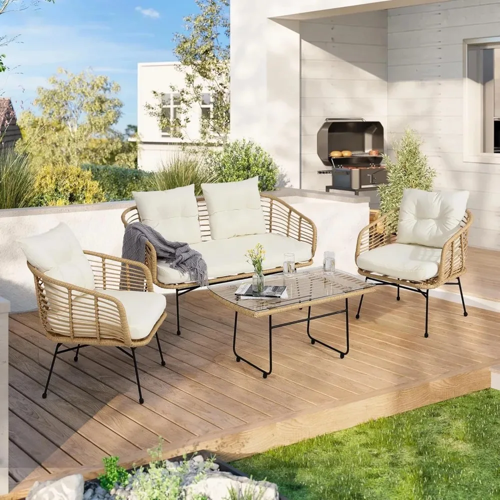 

4 Pieces U-Shaped Conversation Sofa Set, Rattan Conversation Set w/Loveseat Chairs & 2 Armchairs, Glass Side Table