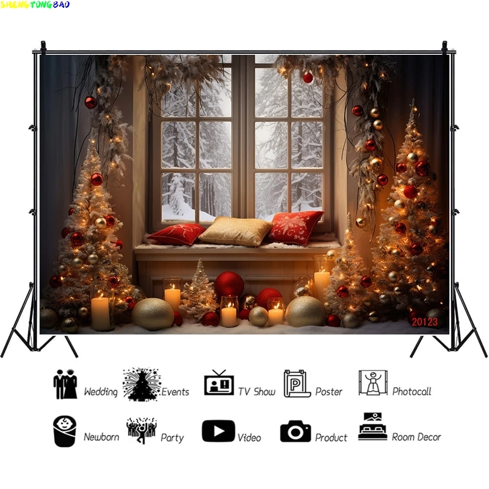 Vinyl Custom  Christmas Day Fireplace Photography Backdrops New Year Candy Chimneys Store Ball Window Studio Background WW-73 view 2