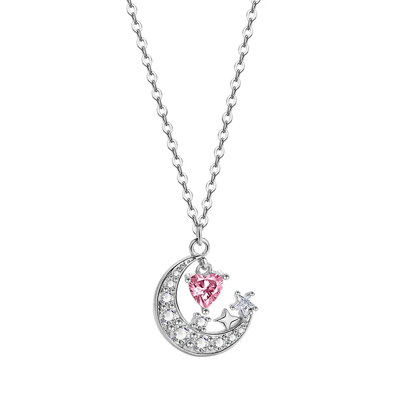

New European 925 Silver Star Moon Pink Love Zircon Necklace Elegant Women's Clavicle Chain Birthday Party Gift