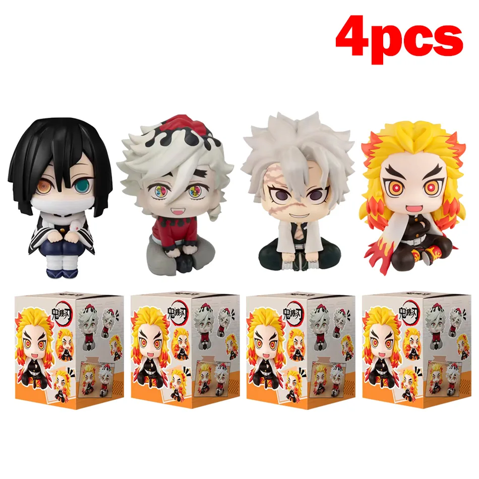 Kawaii Demon Slayer Chibi Figures Set – 4PCS Anime Collectible Toys Featuring Rengoku, Obanai, Sanemi & Douma, Mini PVC Sitting
