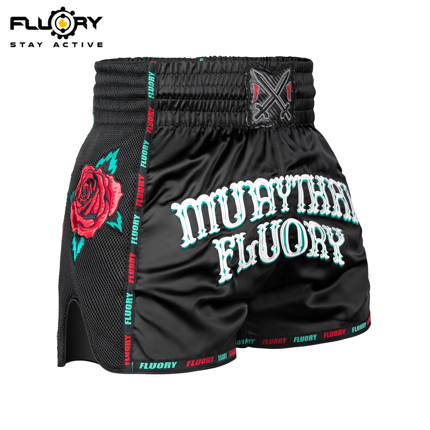 FLUORY Heavy Industries' Microfiber Embroidered Muay Thai Shorts, Rose Men's and Women's Gym Muay Thai Shorts, Boxing Pants