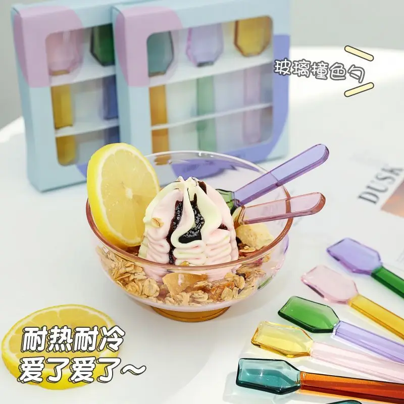 Color Glass Spoon Dessert Ice Cream Salad Handled Spoon Coffee Soup Stirring Spoon High boric acid heat and cold resistanc