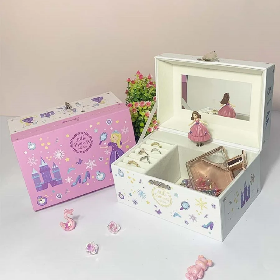 Hot New Arrival Blue Unicorn Rotating Horse Music Jewelry Box HD Mirror Velvet Lining Split Storage Perfect Birthday Xmas Holida