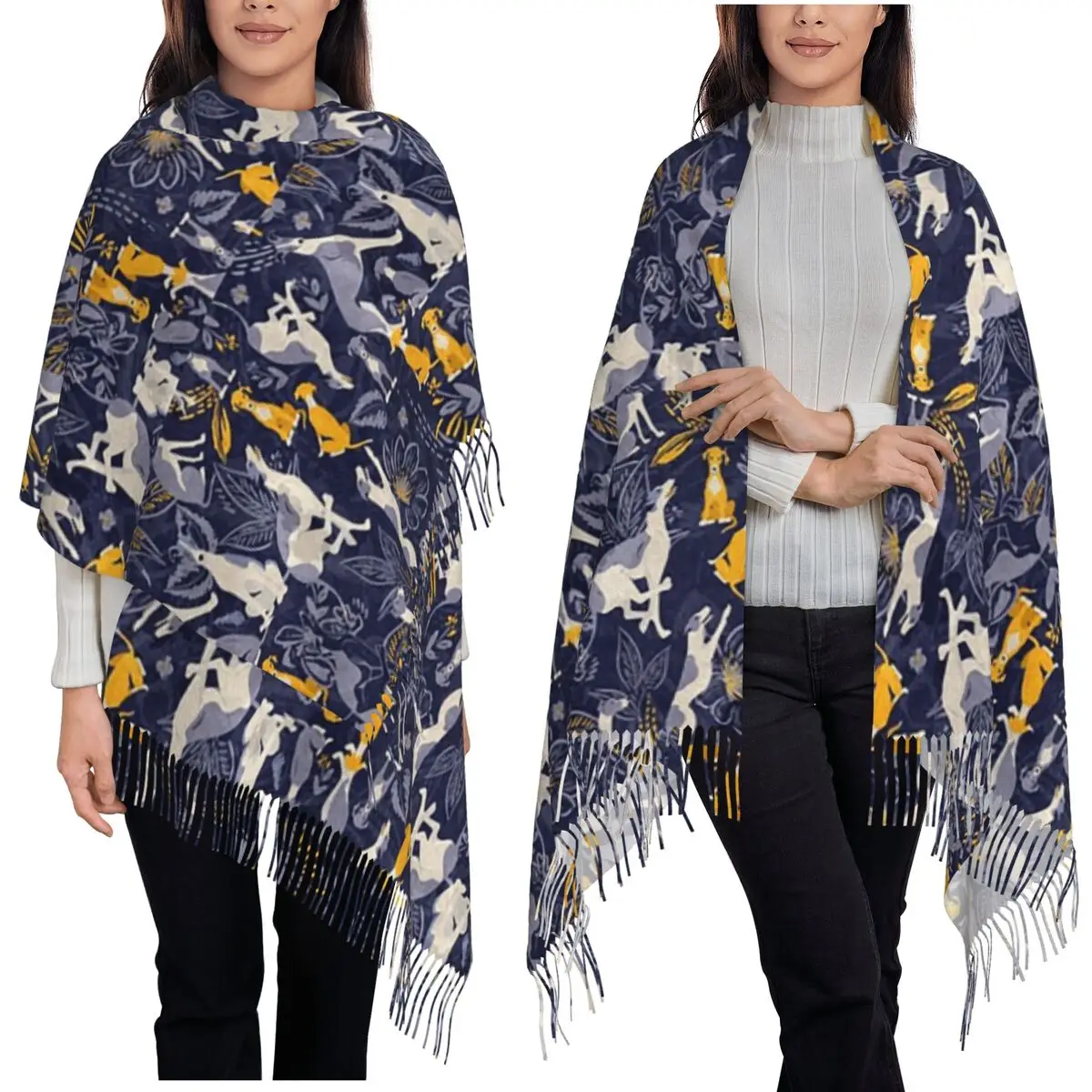 

Greyhound Whippet Dog Midnight Pattern Scarf Tassel Scarves Women Soft Warm Shawls and Wraps Large Fall Winter Shawl Wrap