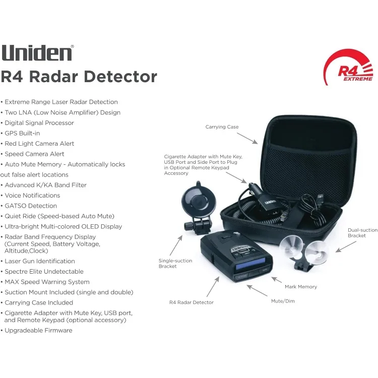 R4 Extreme Long-Range Laser/Radar Detector, Record Shattering Performance, Built-in GPS w/AUTO Mute Memory, Voice Alerts