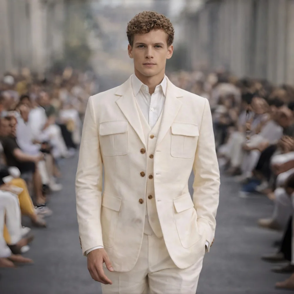 Linen Summer Three Pieces Safari Suit Separates Blazer with Vest Pants for Men Wedding Groom Tuxedo Terno Masculino Men Suit Set
