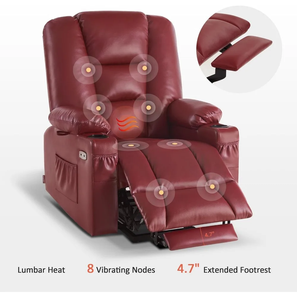 Large Power Lift Recliner Chair Sofa with Massage and Heat for Big and Tall Elderly People, 3 Positions, Cup Holders,(Large,Red)