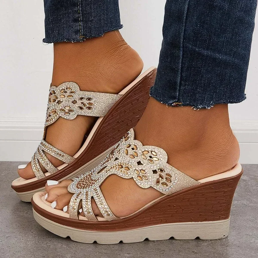 

Women Round Toe Wedges Heel Shoes Ladies Casual Open Toe Comfort Spring Summer Rhinestone Slippers Party Sandals Plus Size 35-43