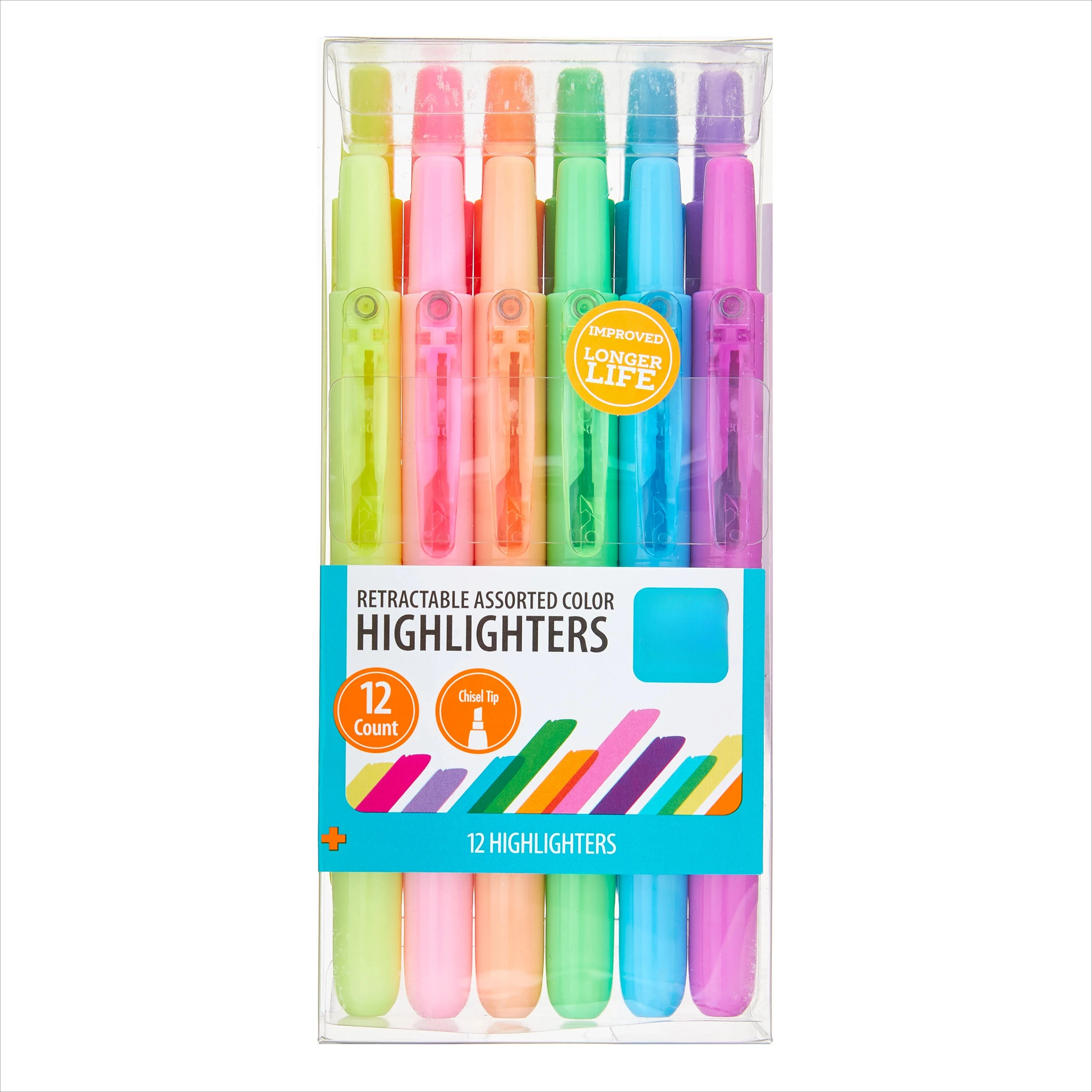 Retractable Highlighters, Chisel Tip, Assorted Colors,  Assorted, Refillable, Slim, Multi Colored Ink. 12 Count