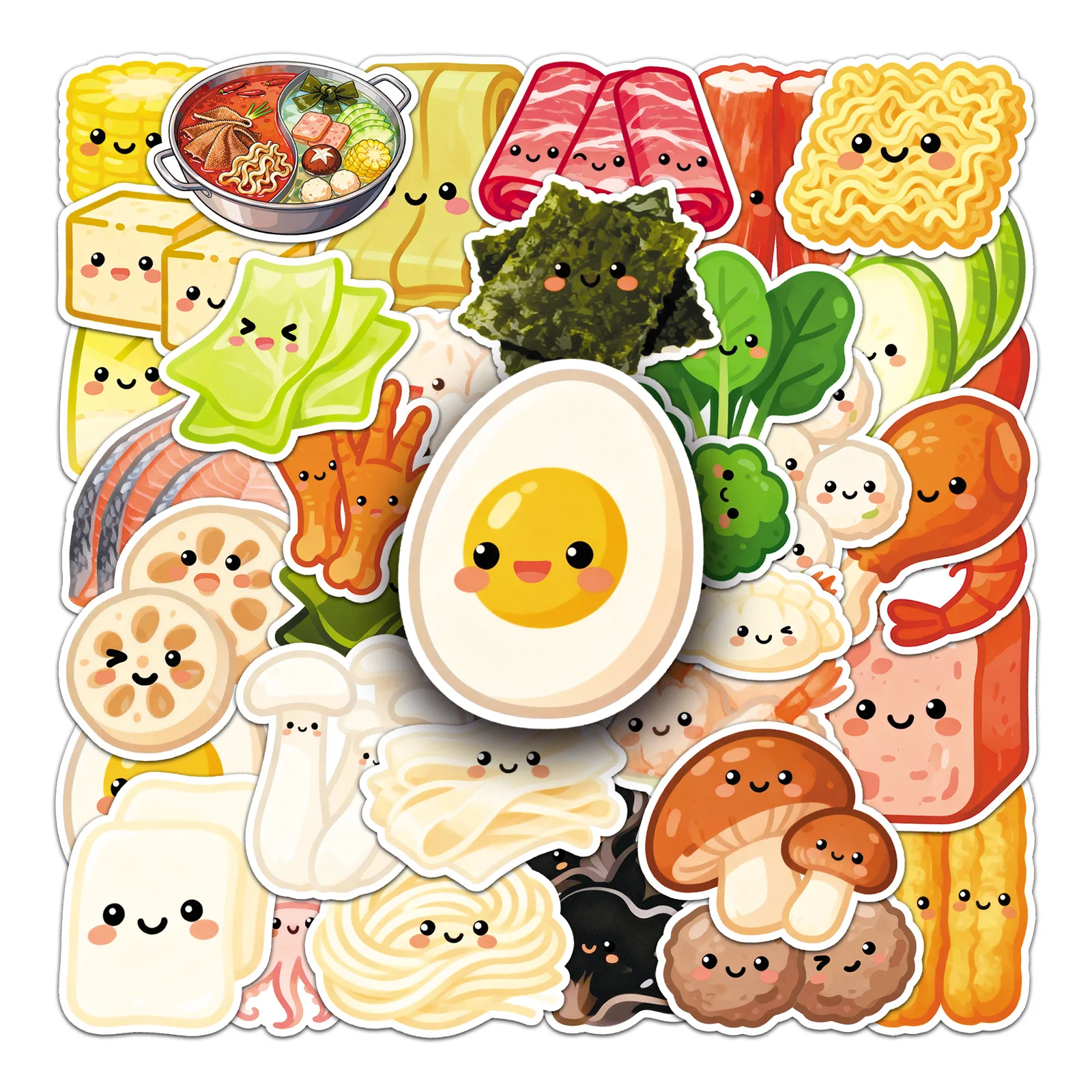 

50PCS Cartoon Hot Pot Ingredients Stickers Delicious Food Cute Image Decorative Phone Case Luggage Waterproof Stickers Kids Toy