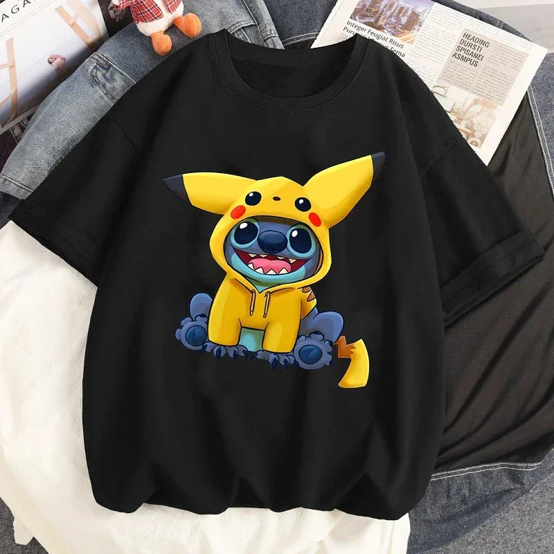 Harajuku Vintage Couple Tops Kawaii Cartoon Stitch Cosplay Graphic T-shirts for Women Streetwear Versatile Short Sleeve Unisex