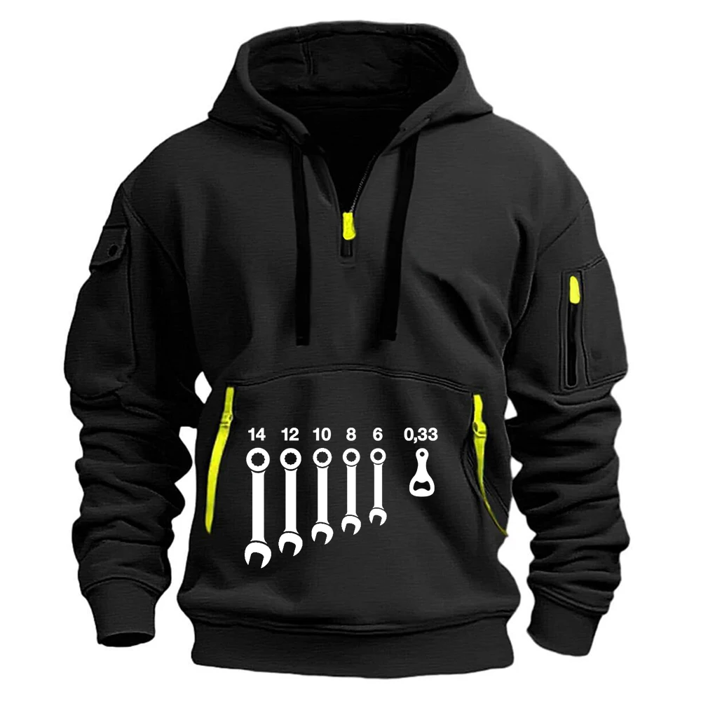 Wrench Wrenches Beer Bottle Opener Tools 2026 Spring Autumn Men's New Half-zip Pullover Warm Fleece Multi Pocket Design Hoodie