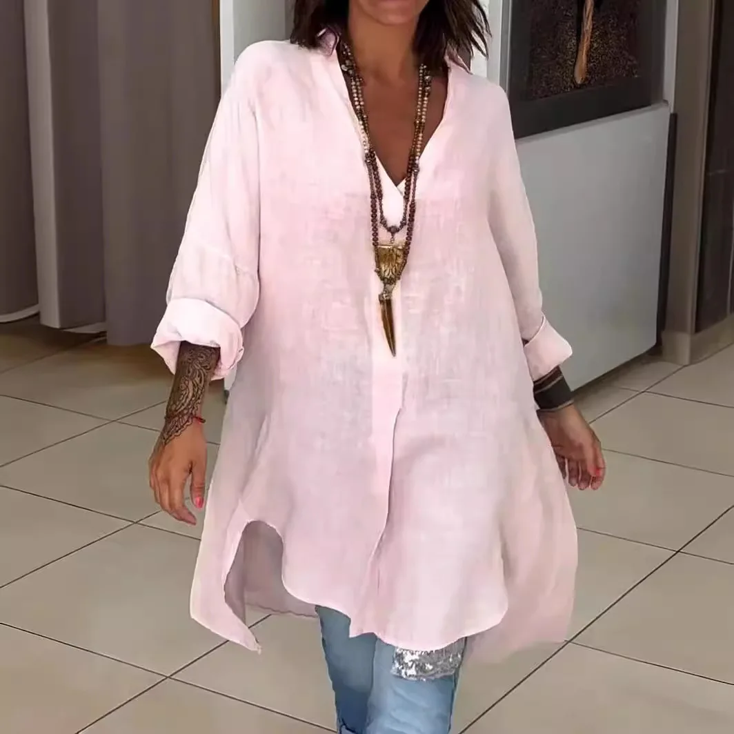 

Loose Cotton Linen irt Dr Women's Faionable Vintage Sle Split Straight Cut Long Sve Summer Clothing Chinese Origin