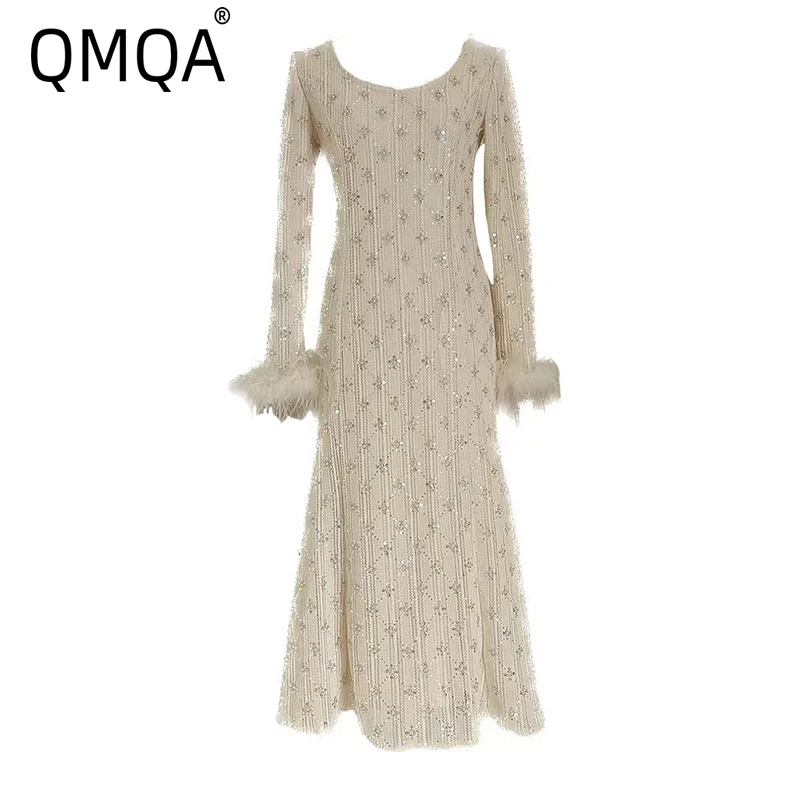 QMQA Fashion Women's Sequins Dresses Knitted Hollow Hook Flower Feather Long Sleeve Splicing Bead Dress 2025 New Spring 1A869