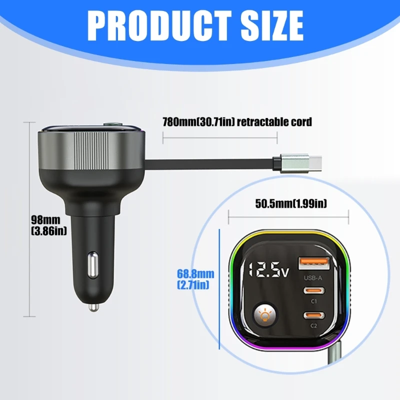 HX6A Fast Charging Car Power Adapter Featuring Display PD65W USB C Retractable Cable up to 78cm for Travel