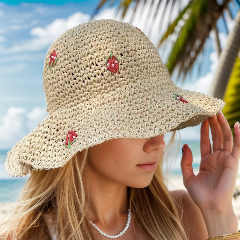 Cute Strawberry Pattern Foldable Woven Premium Quality Crochet Sun Bucket Hats for Women Fashionable Handmade Knitted Straw Hats