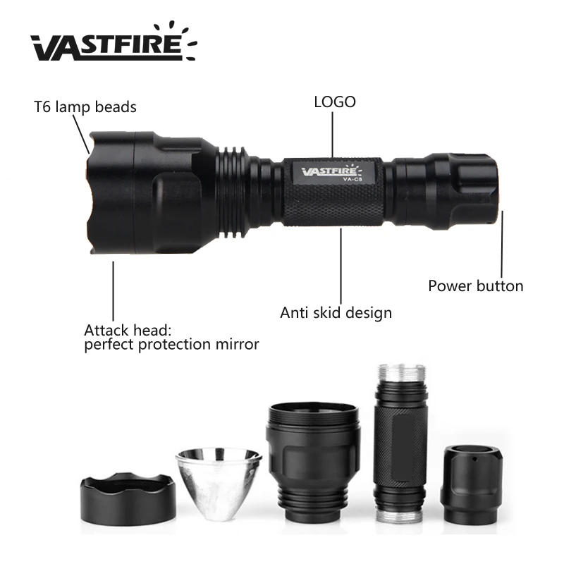 VASTFIRE C8s Green LED Hunting Flashlight Tactical 1-Mode USB Rechargeable Weapon Light With Press Switch Power by 18650 Battery