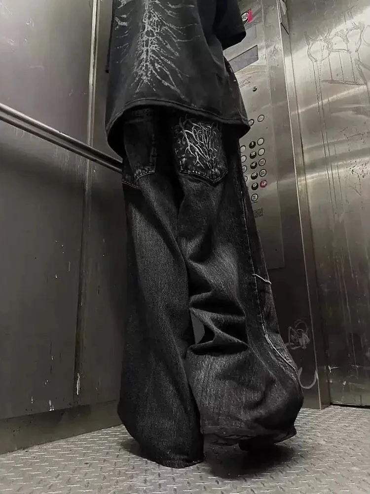 HOUZHOU Gothic Vintage Jeans Women Y2k Punk Hip Hop Baggy Denim Trousers Grunge Patchwork Black Retro Wide Leg Jeans Streetwear