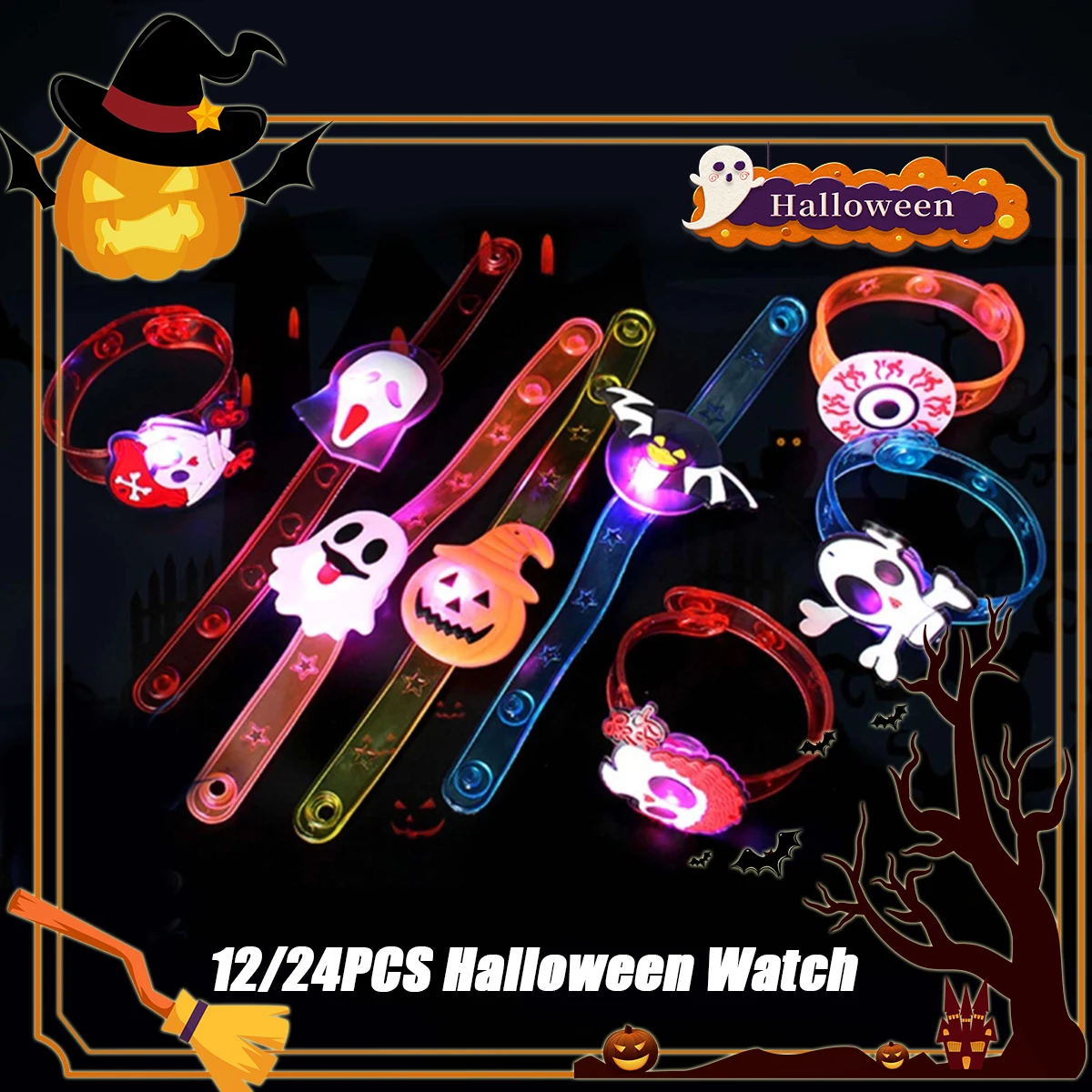 12/24pcs Halloween Light Up Bracelet Ghost Pumpkin Piracy Skeleton Eyes Watch LED Flashing Random Color Halloween Party Decora