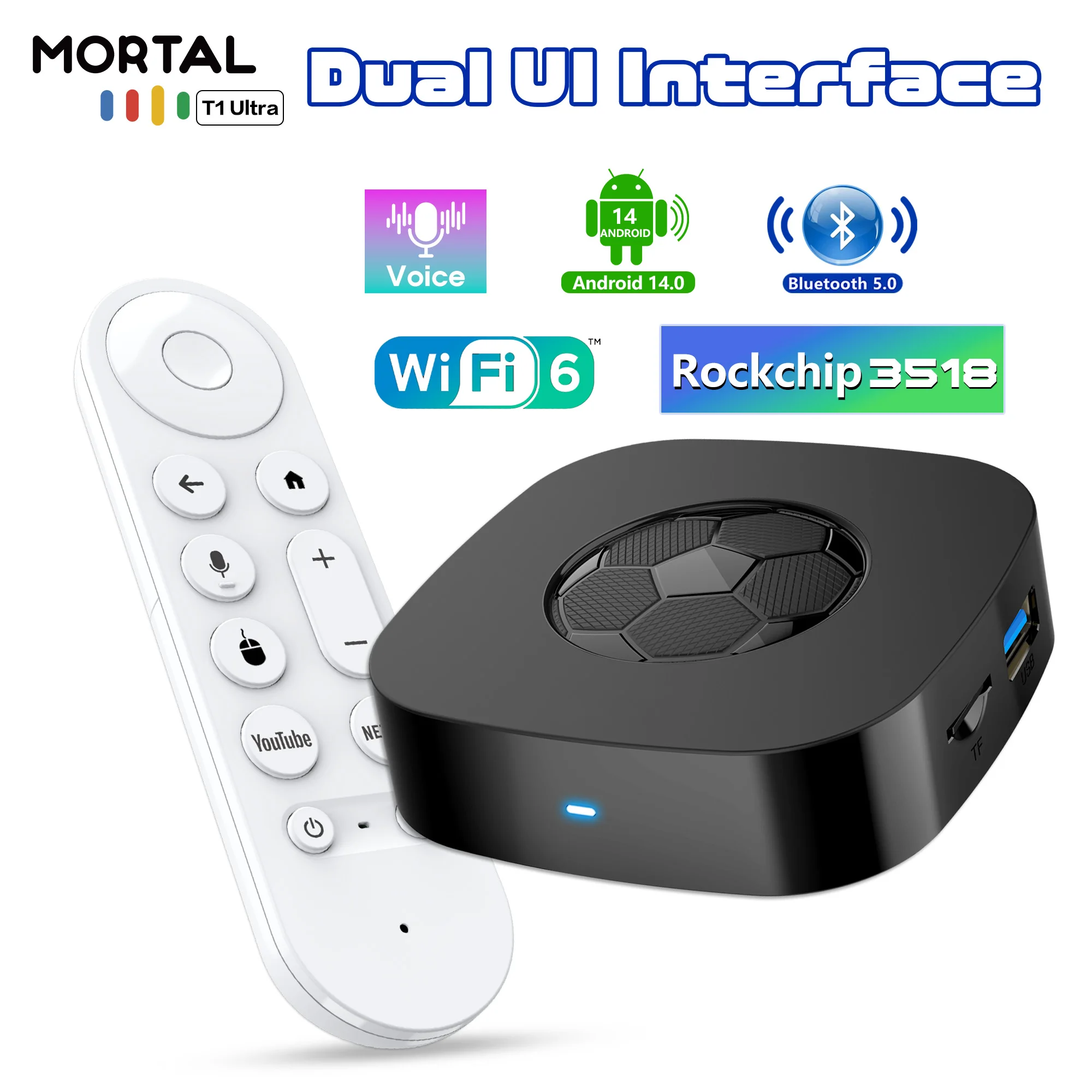 T1 Ultra Smart TV Box Android 14.0 RK3518 Quad Core 4k HD Media Player Dual Band WiFi 2.4G/5.8G BT5.0 High Speed Set Top Box