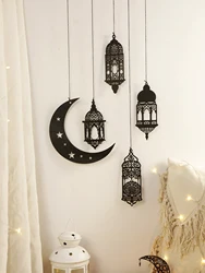 Islamic Moon and Lantern Wall Hanging - Black Wooden Laser-Cut Crescent Moon with Stars Tassels,Eid Home Decor Moroccan Lanterns