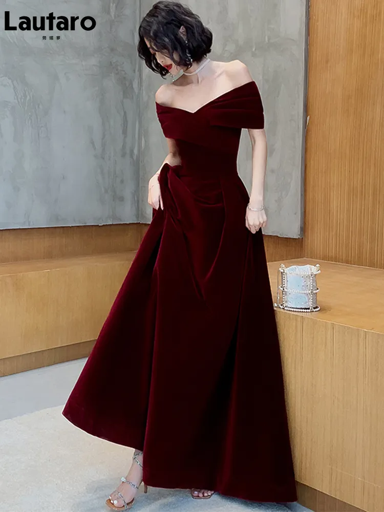 Lautaro-Vestido largo de terciopelo suave para mujer, de lujo con hombros descubiertos traje elegante, color rojo vino, para fiesta de noche y boda, Primavera, 2022