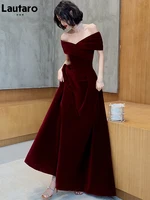 Lautaro primavera largo de lujo elegante vino rojo suave terciopelo fiesta de noche vestidos de boda para mujeres 2022 vestido Maxi con hombros descubiertos