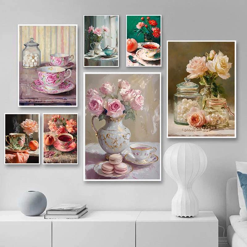 Exquisite And Delicious Afternoon Tea Fruits And Flowers Still Life Art Posters Canvas Print Home Restaurant Kitchen Wall Dec