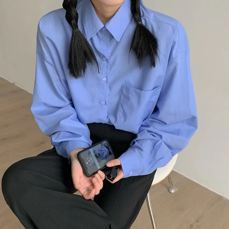 

Свободная синяя женская рубашка с длинными рукавами в корейском стиле, шикарная, универсальная, в стиле Bf, для ношения под одеждой, из высококачественного полиэстера, на пуговицах...