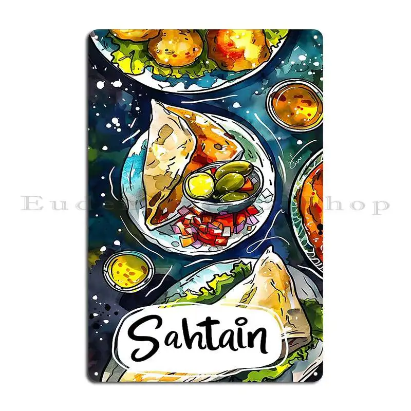 Sahtain Experience The Rich Culinary Tradition Of Arabic Breakfast Hummus Falafel Olives And More Metal Plaque Poster