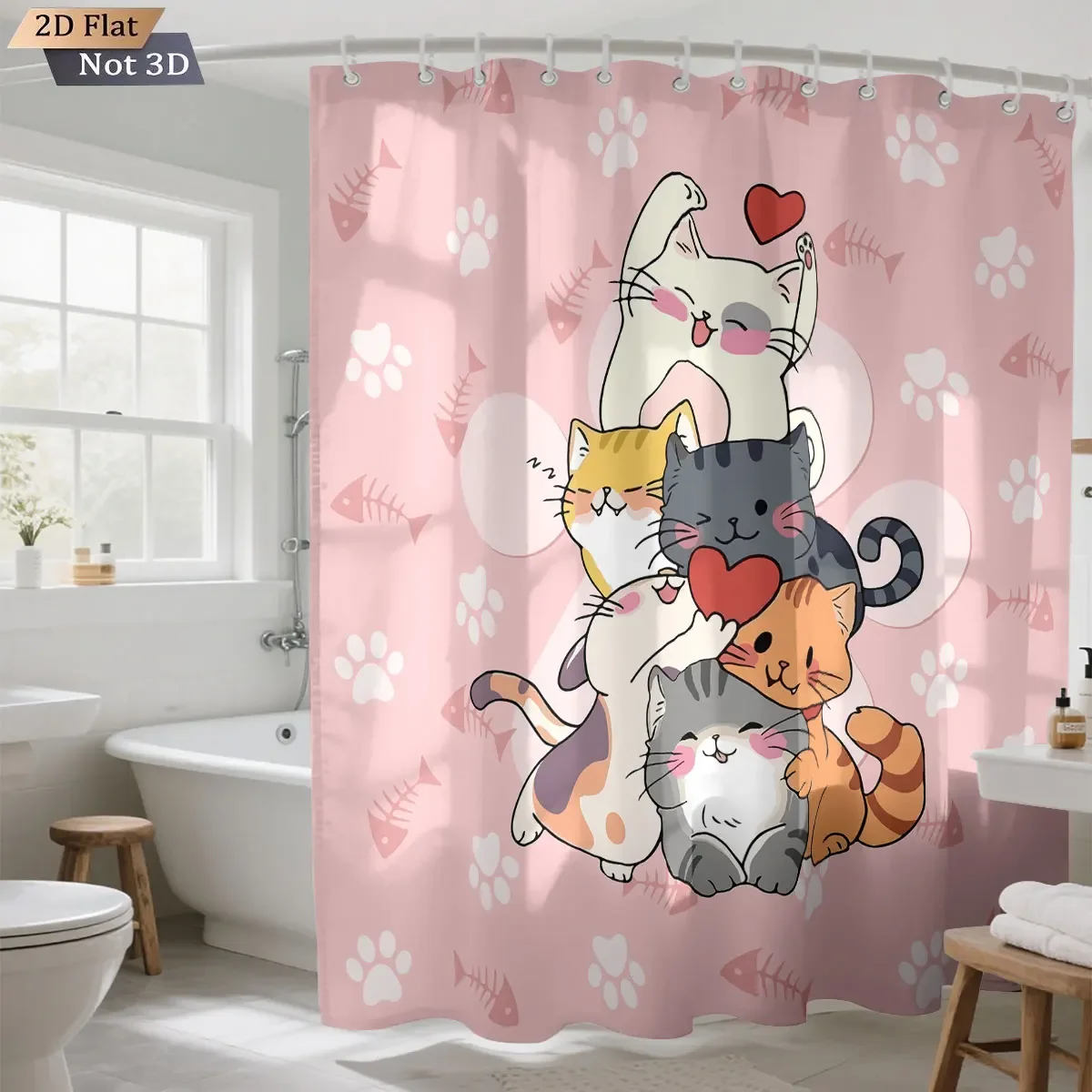 1pc Cartoon Cute Cat Printed Waterproof Bathroom Partition With 12 Hooks For Privacy Shower Curtain, Available In Various Sizes