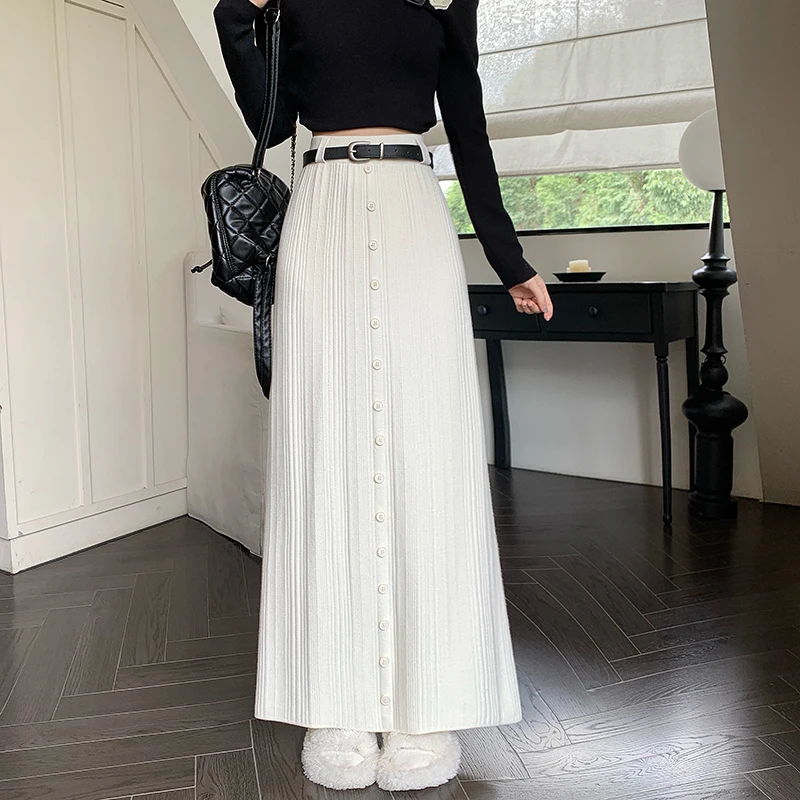 Nieuwe herfst winter mode knoppen effen kleur gebreide rok elegante split rechte pakket hip hoge taille lange rokken