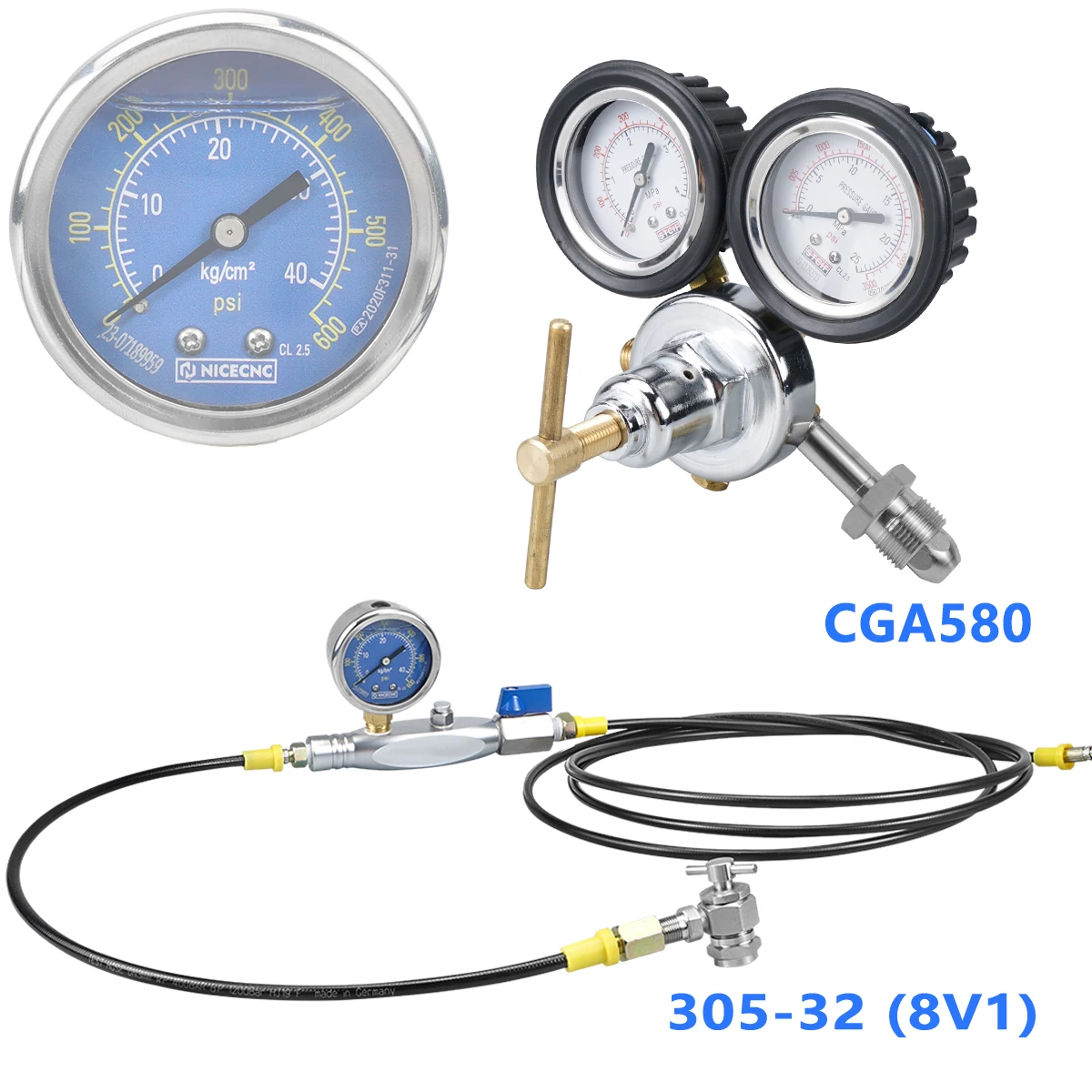 CGA580 305-32 8v1 Valve 600psi UTV Shock Nitrogen Filling Regulator Kit for Yamaha Raptor Polaris CanAm w/ FOX SHOWA KYB Shock