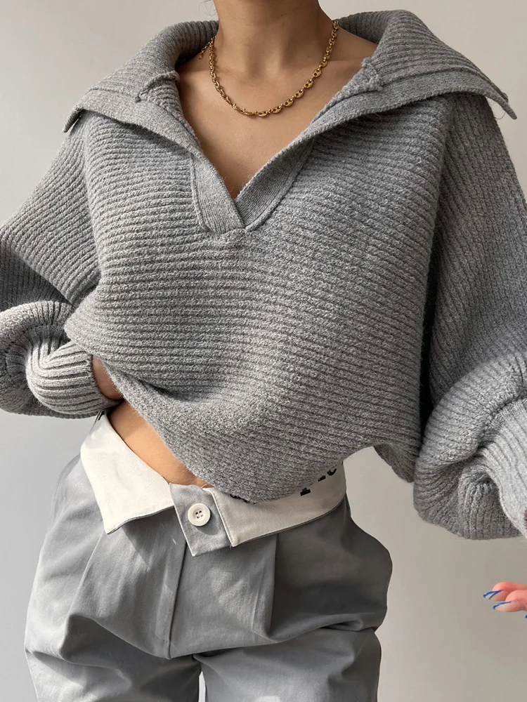 

2023 Women Sweaters Lantern Sleeve Turn-Down Collar Loungewear Pullovers Autumn Winter Loose Fit Solid Streetwear Dropshipping