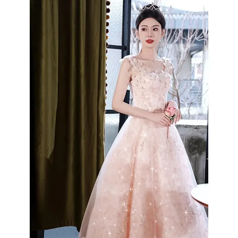 Pink Prom Dress Flower Glitter Prom Dresses Off The Shoulder Birthday Formal Evening Party Gown for Women