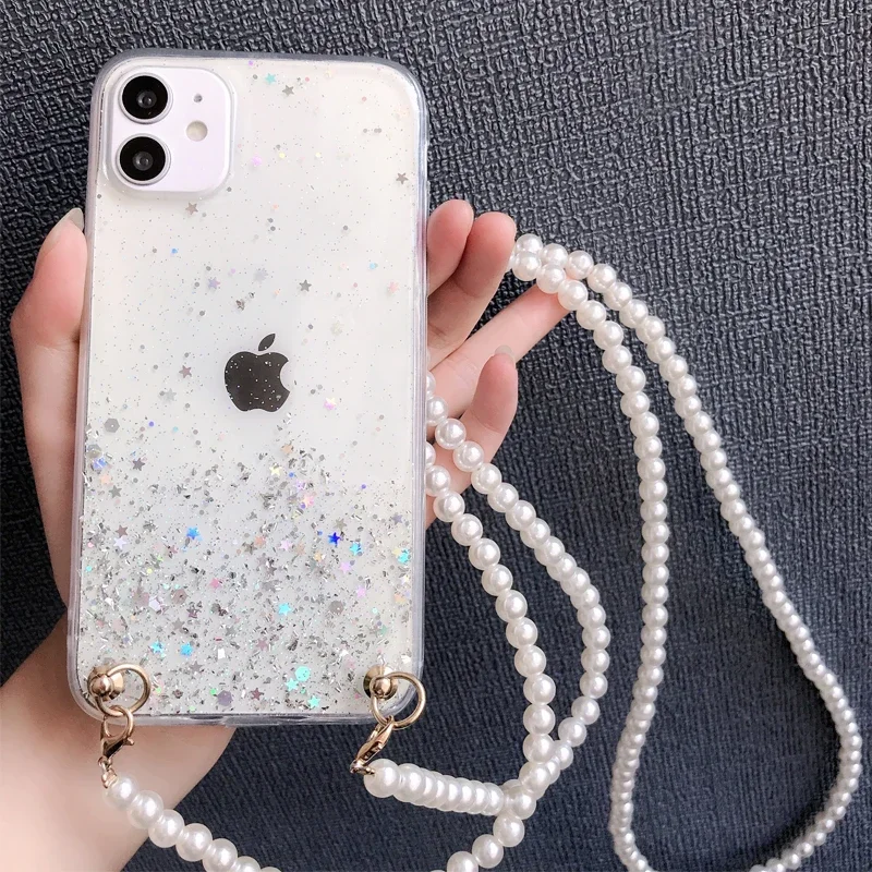Etui na telefon z brokatem i perłami, z paskiem na szyję, miękkie, do iPhone 17 Air 16 15 16E 14 13 12 11 Pro Max Plus Mini