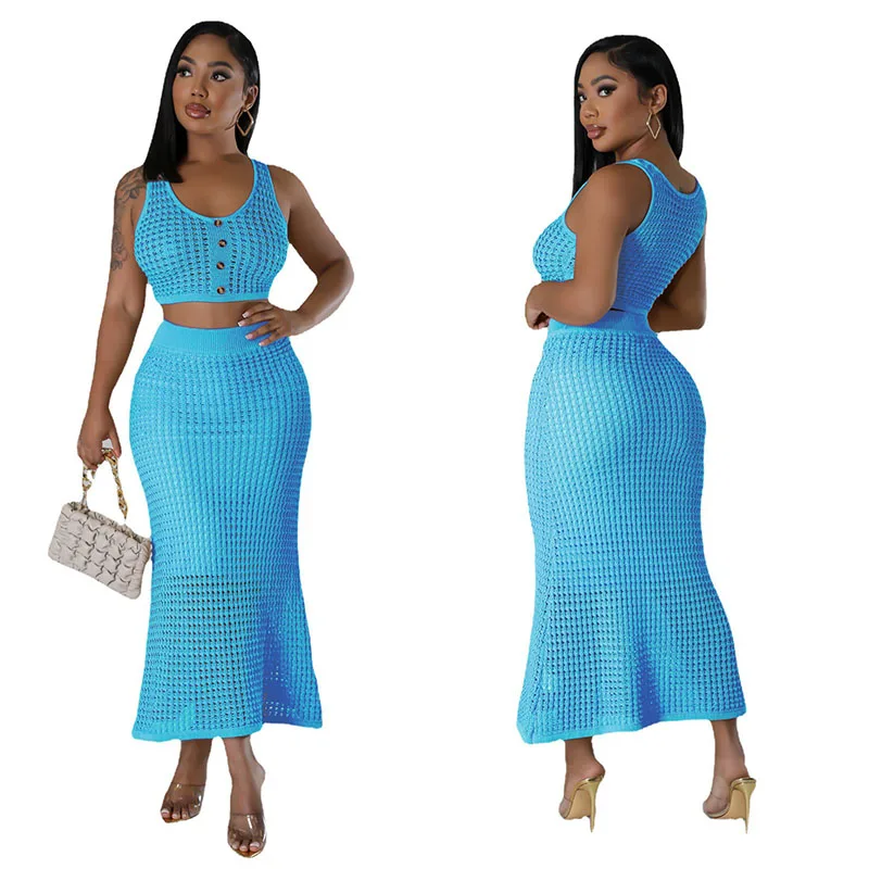 Knit Crochet Women\'s Set Sleeveless O-neck Crop Top and Long Skirt suits beach holiday Summer Sexy Two 2 Piece Set Outfits