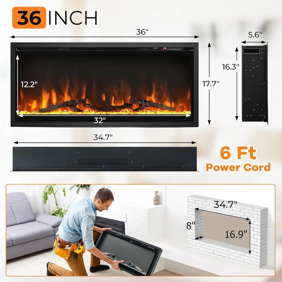 Inserto per camino elettrico Riscaldatore per camino da incasso a parete largo 36 pollici con termostato per un'atmosfera accogliente del soggiorno