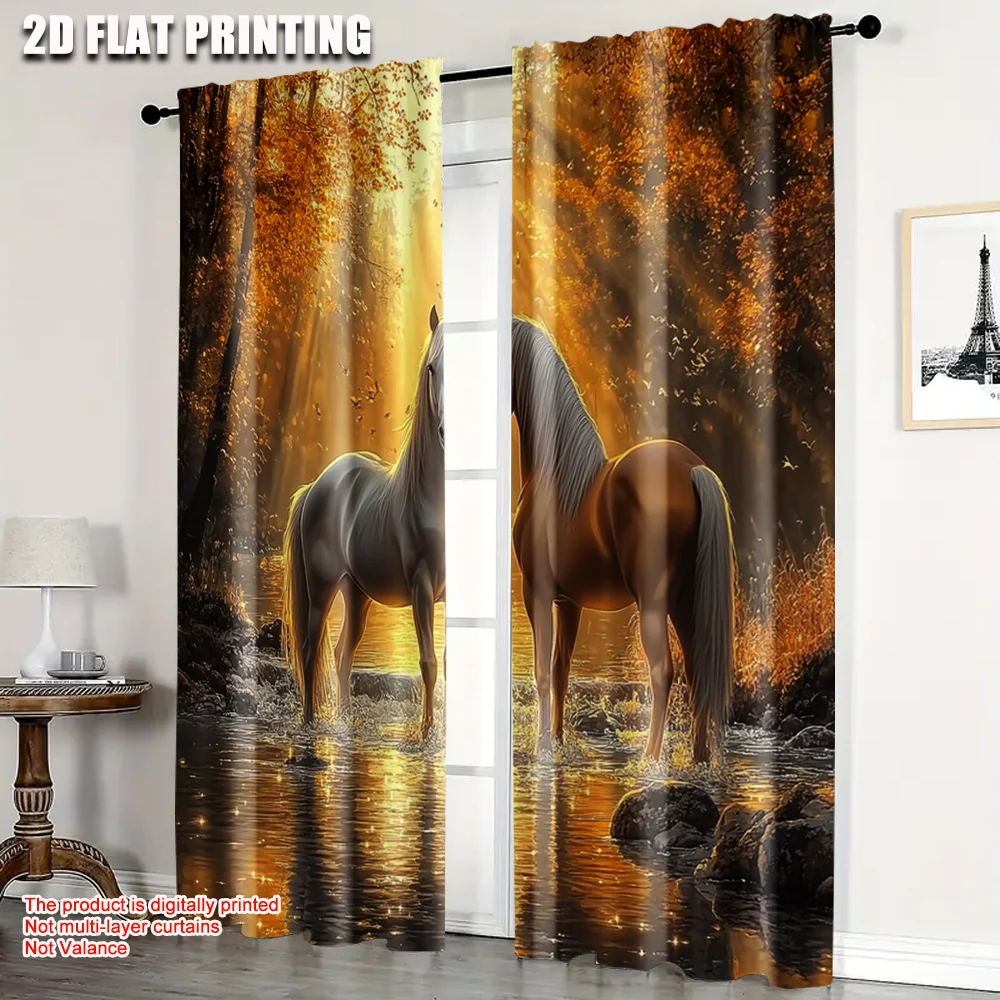 

2pcs, Contemporary Curtains 2D print Sunset Horse Machine Washable (without rod) Decorations Clearance Perfect for Bedroom,