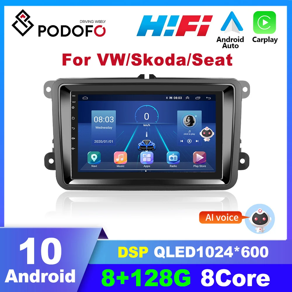 Podofo-Radio con GPS para coche, reproductor multimedia con Android, 2 Din, Carplay, vídeo, para Volkswagen, Passat, Skoda, Octavia, Golf 5, Polo