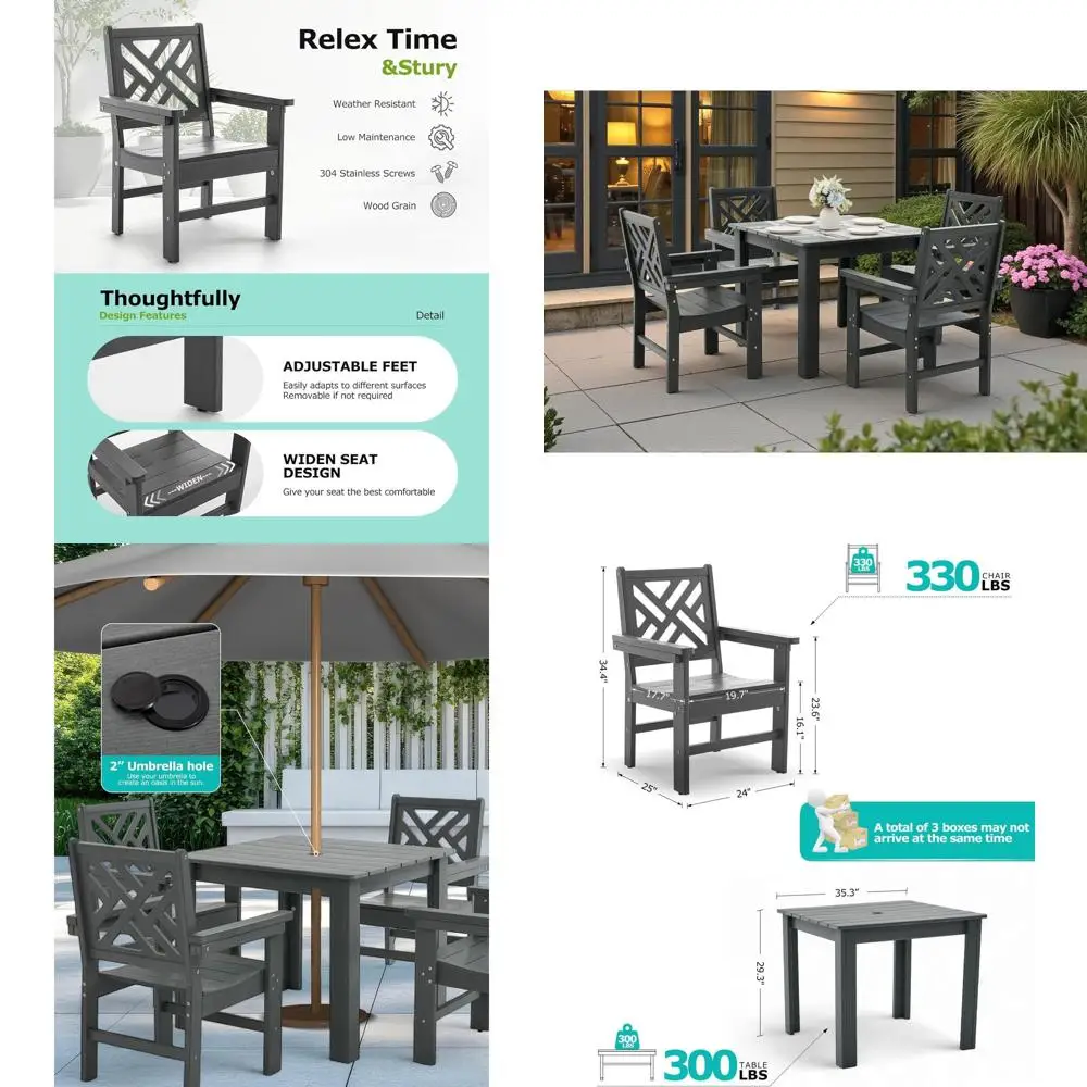 

Серый обеденный комплект из 5 предметов из HDPE для улицы с квадратным столом и отверстием для зонта, для патио, сада, зоны у бассейна и заднего двора