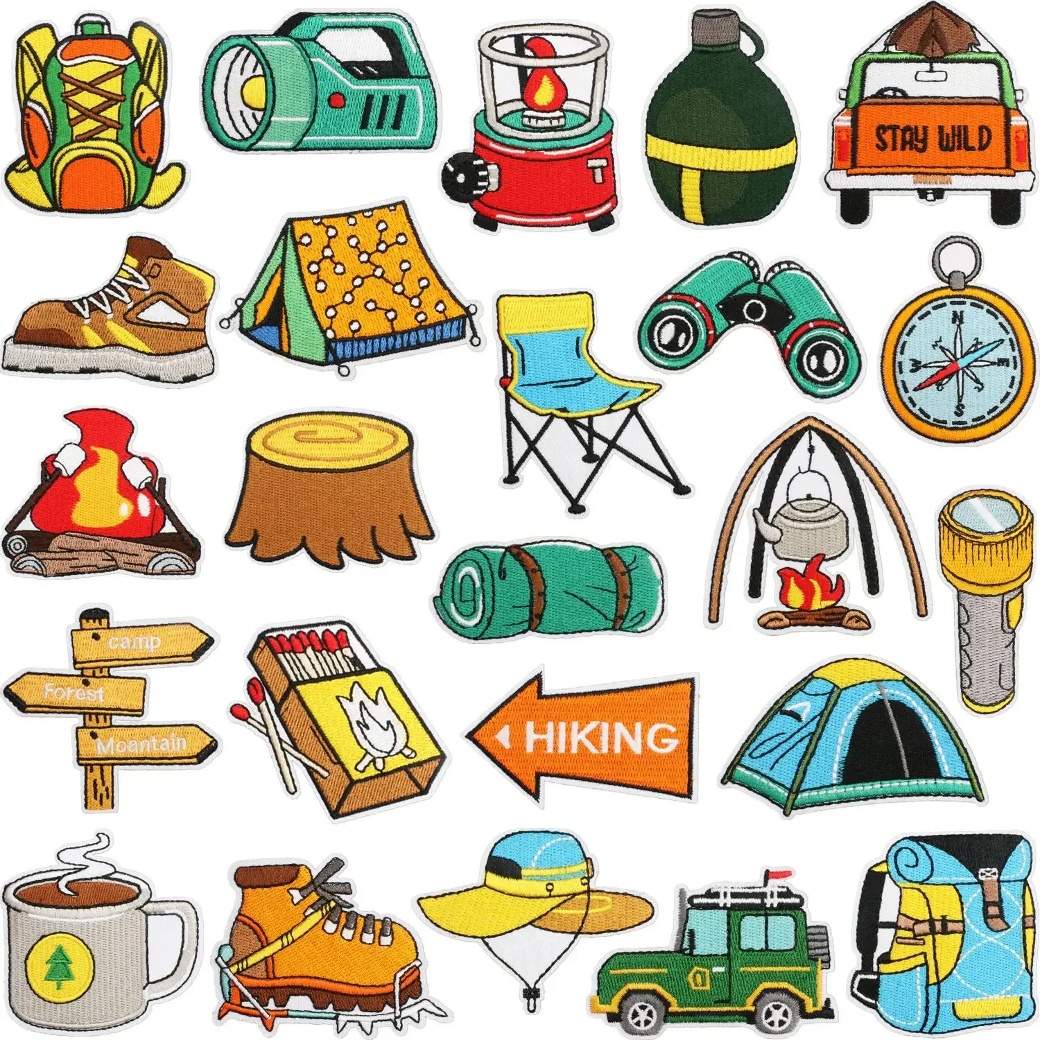 Cartoon Camping Supplies Embroidery Appliques Kettle Flashlight Cloth Patch Hiking Iron-on Badge for Outdoor Wear Tent DIY Decor