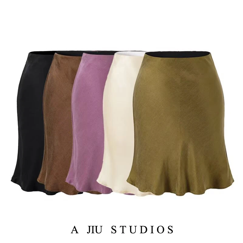High Waist A-Line  Skirt Green Fish Tail Pure Desire Style Women's Summer High Gloss Copper Ammonia Skirt for Girls