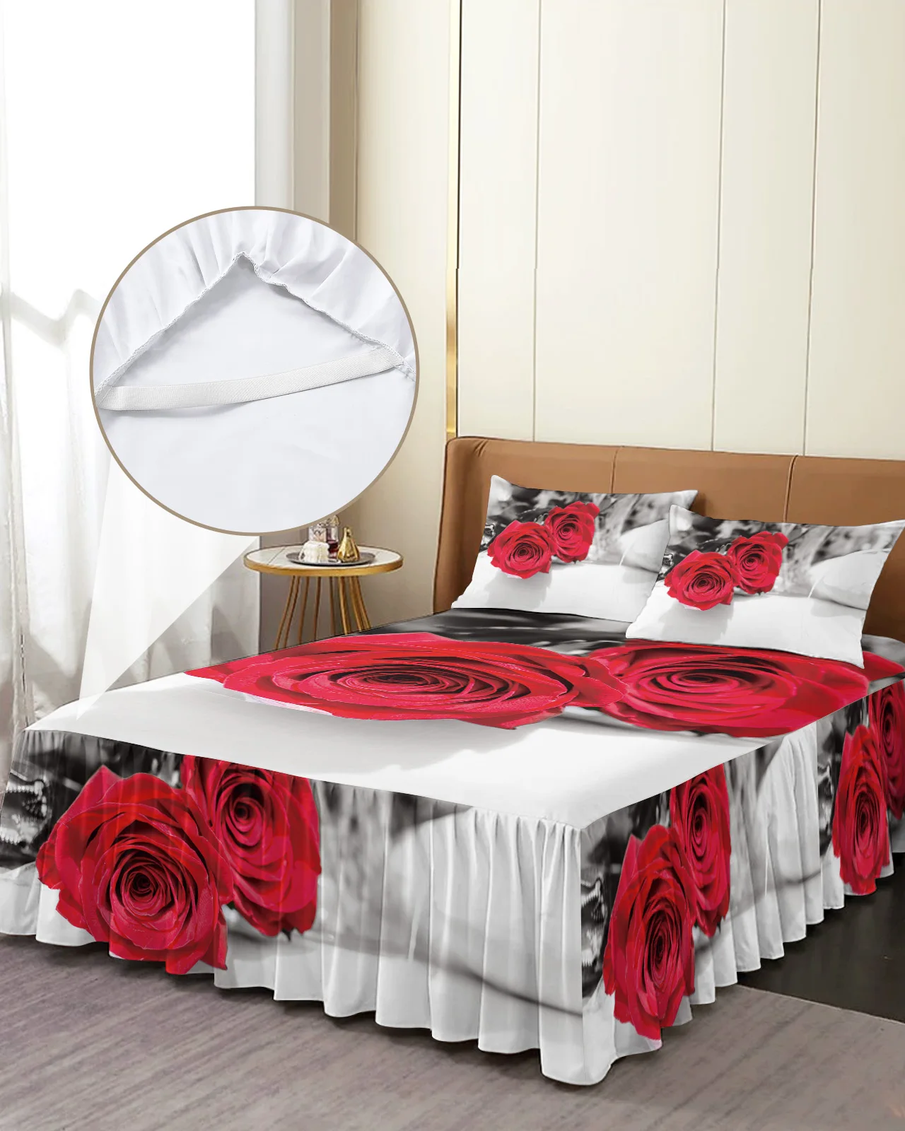 

Red Rose Flower Bed Skirt Elastic Fitted Bedspread With Pillowcases Bed Protector Mattress Cover Bedding Set Bed Sheet