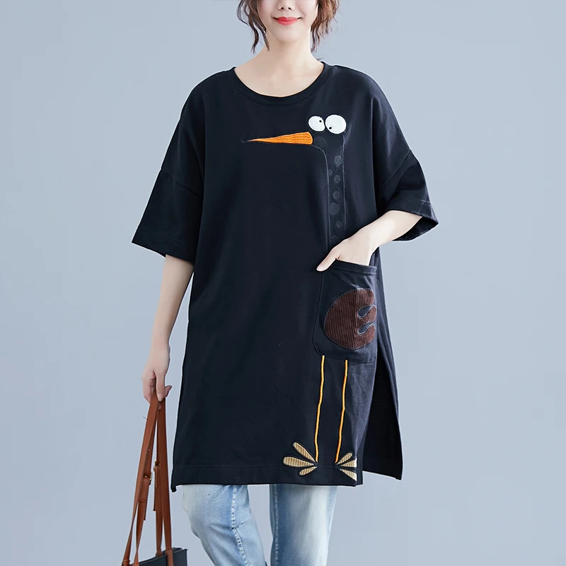 Grande taille femmes été nouveau Sle ort Sve t-shirt Dr brodé devant mi-long minceur à la mode Version coréenne coton